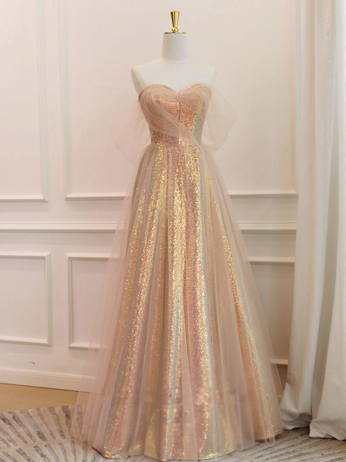 A-Line Sweetheart Neck Gold Sequin Long Prom Dress Gold Prom Dress