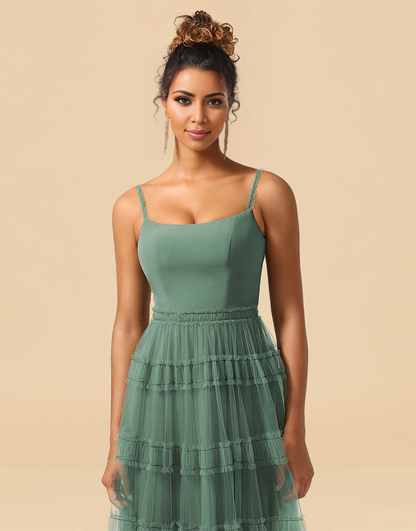 A-Line Spaghetti Straps Floor Length Chiffon And Tulle Bridesmaid Dress