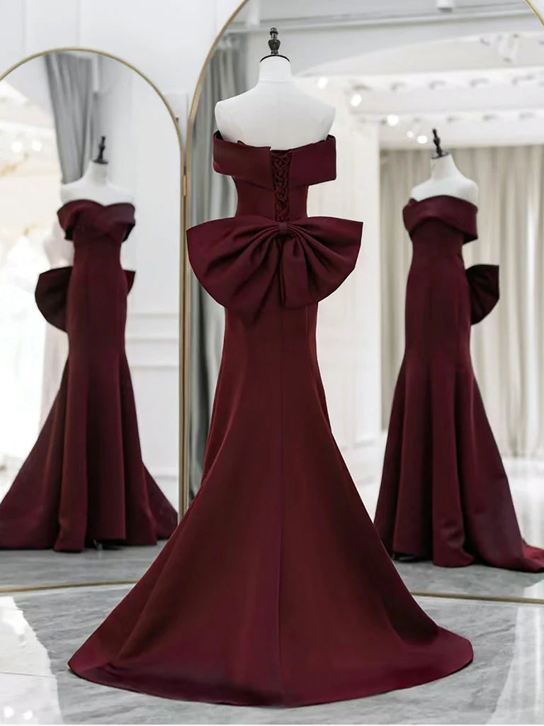 Simple Off Shoulder Satin Burgundy Long Evening Dresses Mermaid Long Evening Dress