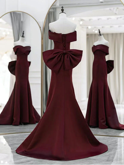 Simple Off Shoulder Satin Burgundy Long Evening Dresses Mermaid Long Evening Dress