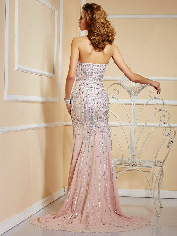 A-line Sweet Princess Pearl Sleeveless Long Chiffon Dress