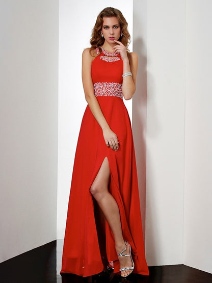 Sexy and beautiful sleeveless acrylic jewelry long chiffon dress