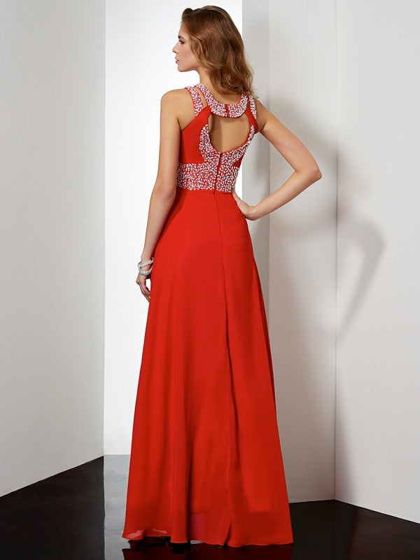 Sexy and beautiful sleeveless acrylic jewelry long chiffon dress