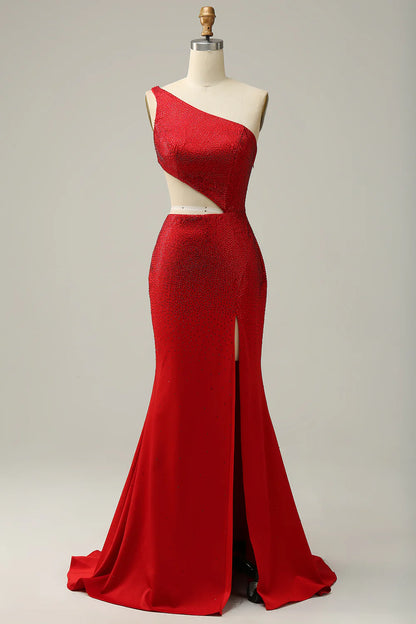 Sexy One Shoulder Red Hollow Beaded Ball Dress