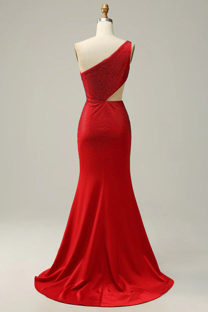 Sexy One Shoulder Red Hollow Beaded Ball Dress