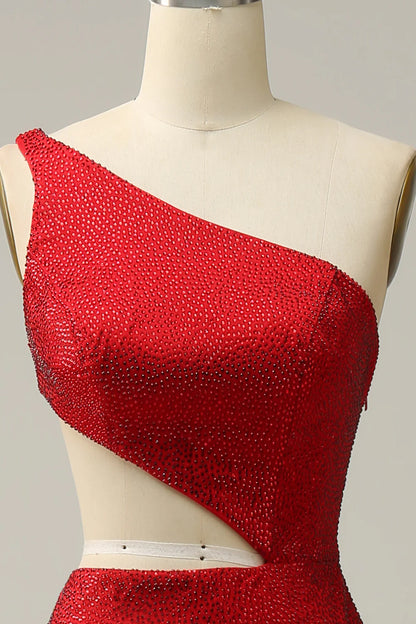 Sexy One Shoulder Red Hollow Beaded Ball Dress