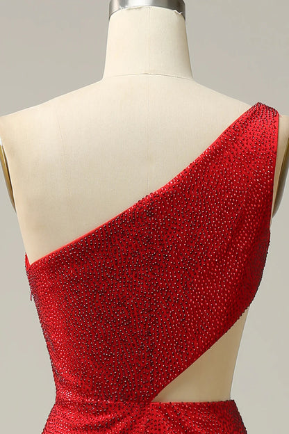 Sexy One Shoulder Red Hollow Beaded Ball Dress