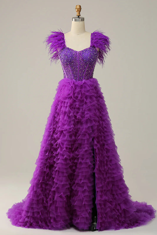Sweet and elegant A-line purple long ball dress adorned with beaded feathers