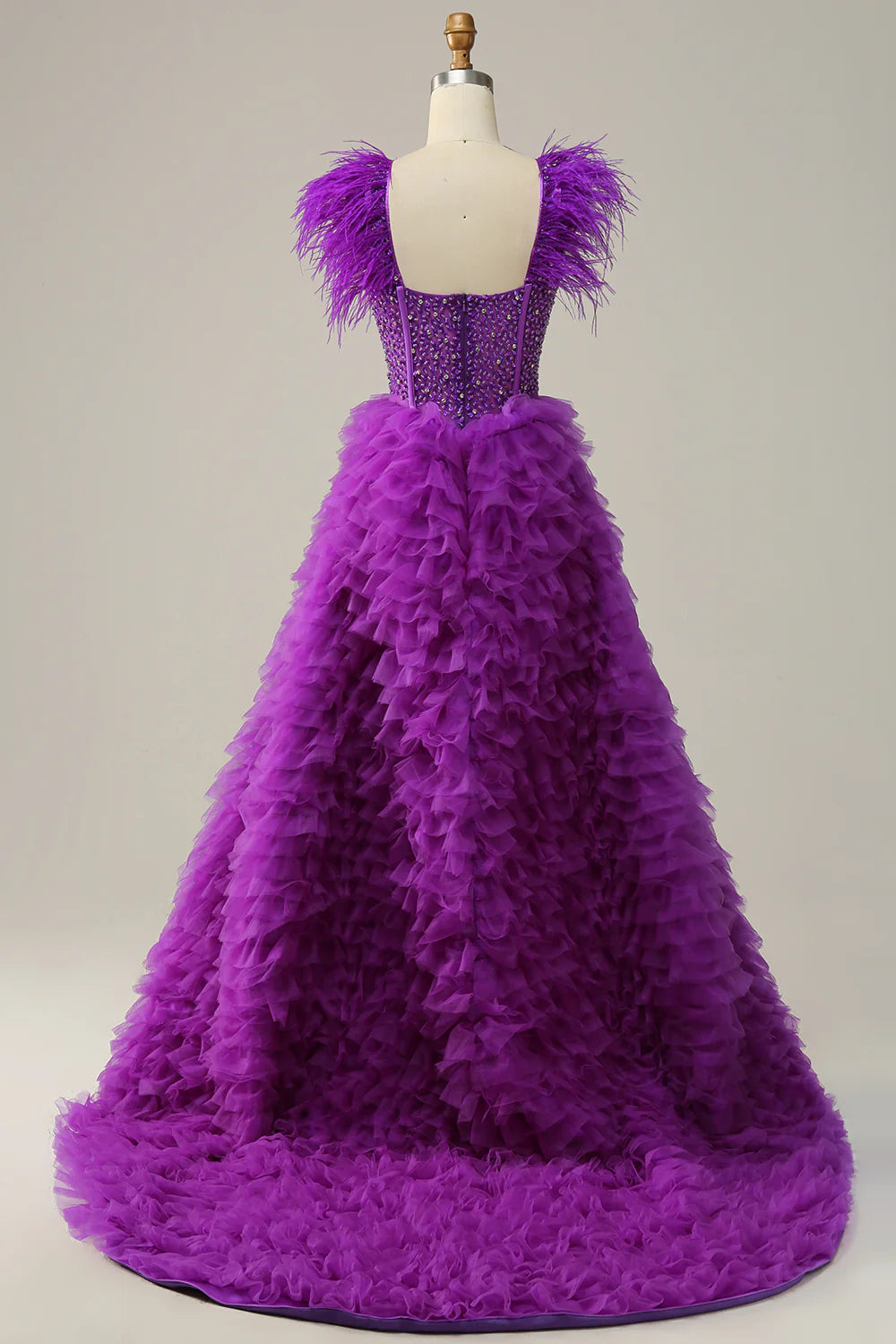Sweet and elegant A-line purple long ball dress adorned with beaded feathers