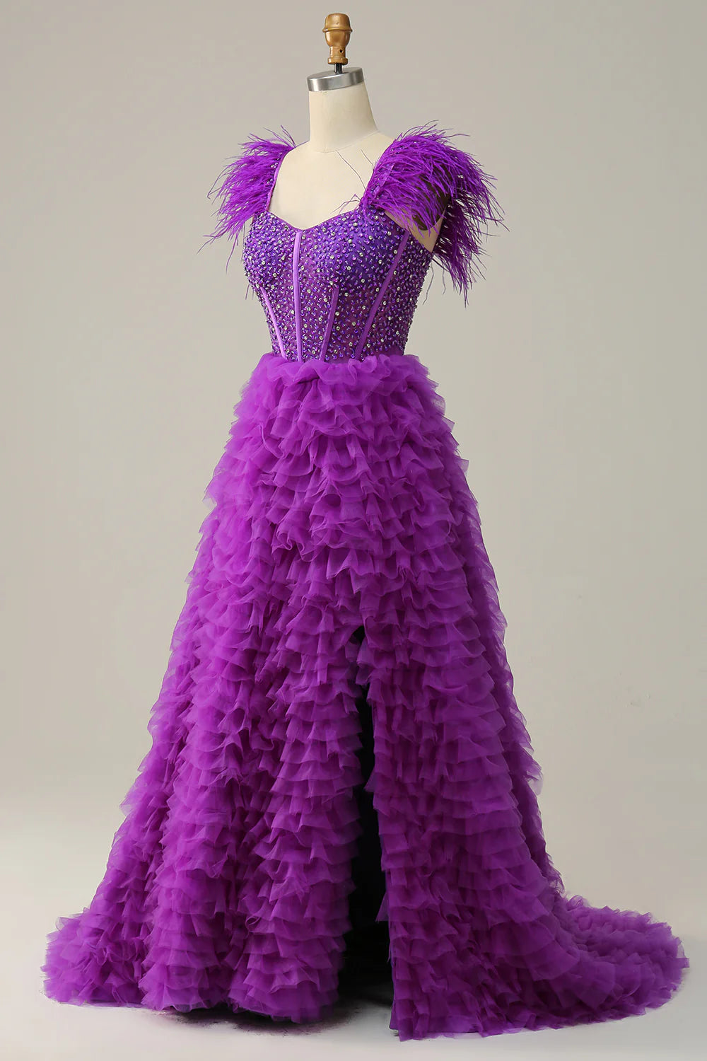 Sweet and elegant A-line purple long ball dress adorned with beaded feathers