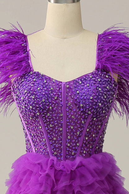 Sweet and elegant A-line purple long ball dress adorned with beaded feathers