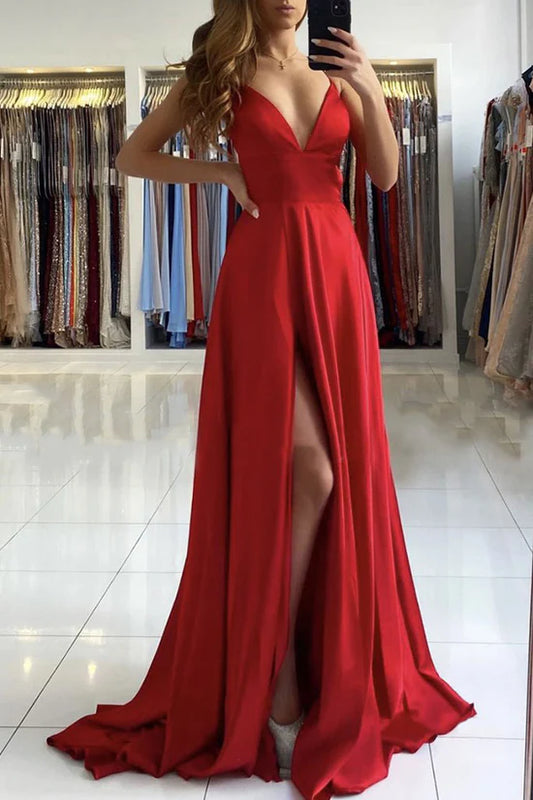 Red v neck satin long prom dress red Evening dress
