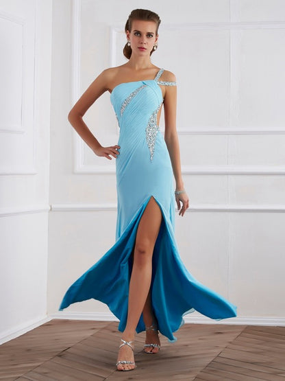 A-line Sweet Princess Sleeveless Sexy One Shoulder Beaded Chiffon Long Dress