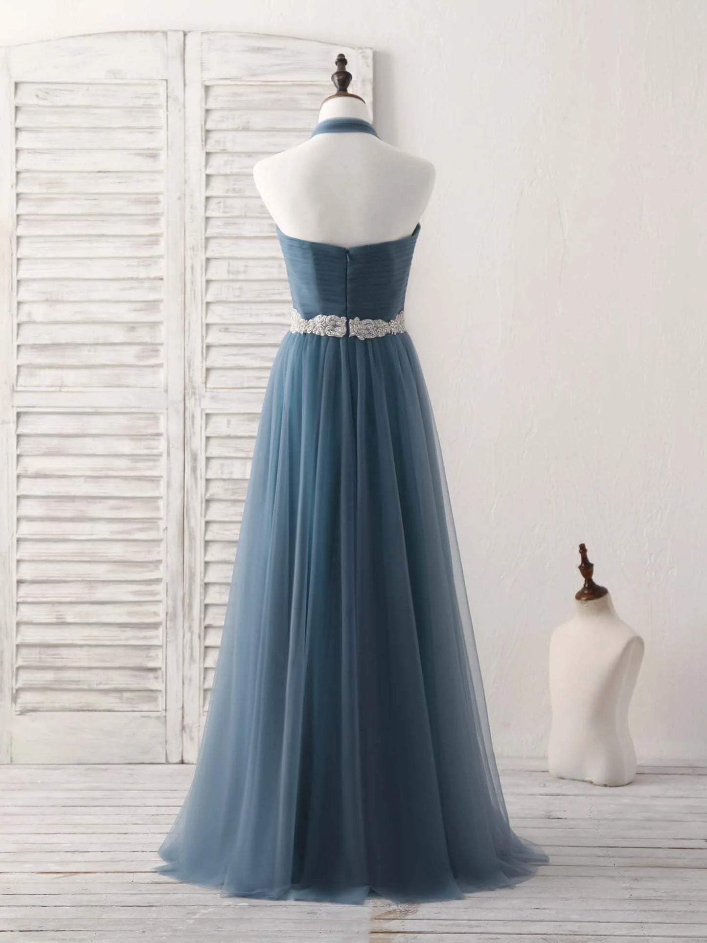 Gray Blue Tulle Long Bridesmaid Dress Gray Blue Prom Dress