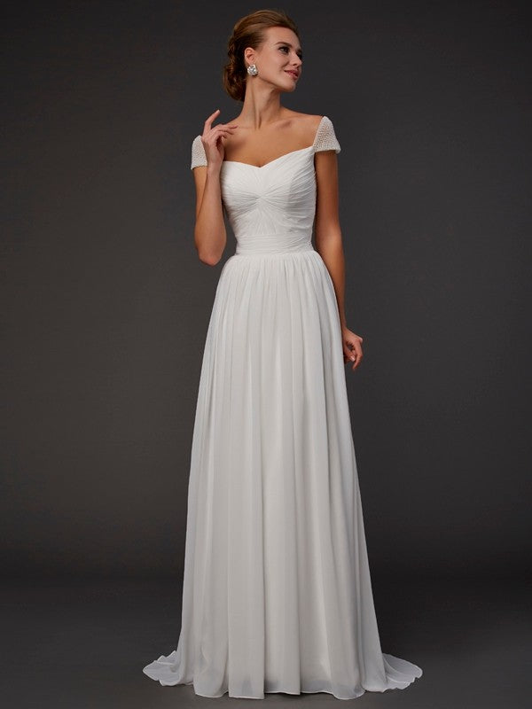 A-line elegant princess sweet short sleeved beaded long chiffon dress