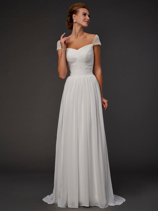 A-line elegant princess sweet short sleeved beaded long chiffon dress