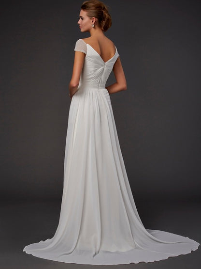 A-line elegant princess sweet short sleeved beaded long chiffon dress