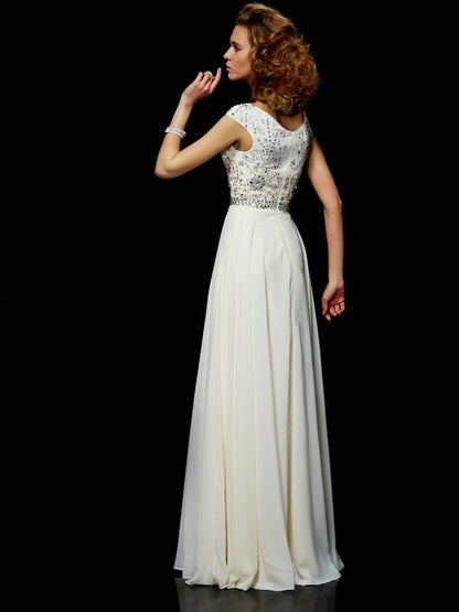 Elegant high necked short sleeved beaded long chiffon dress