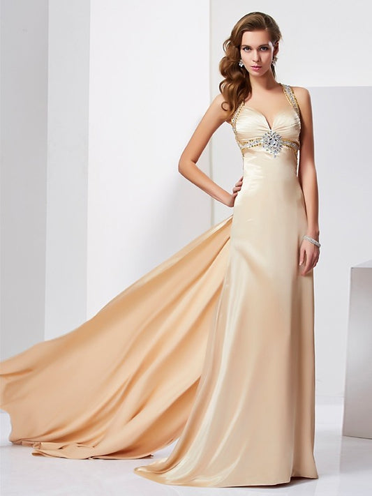 Elegant Off the Shoulder Sleeveless Ruffle Edge Long Silk Imitation Satin Dress