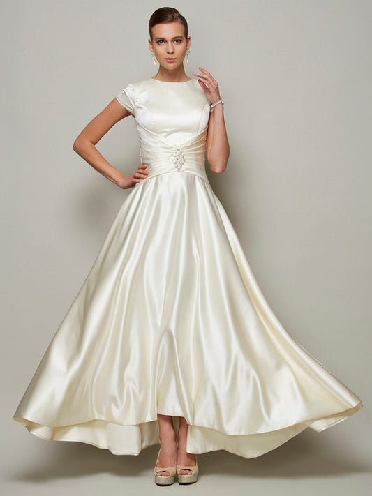 A-line elegant princess style hollowed out short sleeved studded long satin bridal mother dress