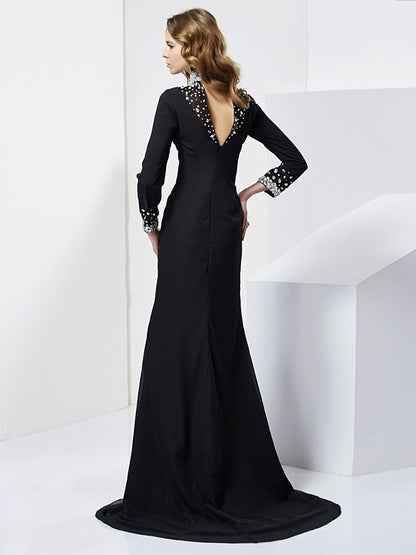 Elegant cylindrical high neck long sleeved rhinestone long chiffon dress