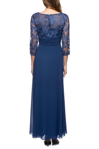 Marina boat neck embellished bodice 3/4sleeve zipper back embellished pleated waist chiffon gown