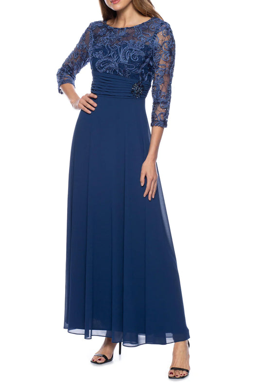 Marina boat neck embellished bodice 3/4sleeve zipper back embellished pleated waist chiffon gown