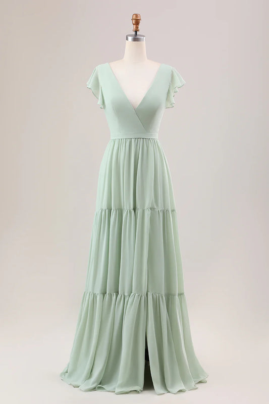 A Line V Neck Lace-Up Back Long Bridesmaid Dress With Slit