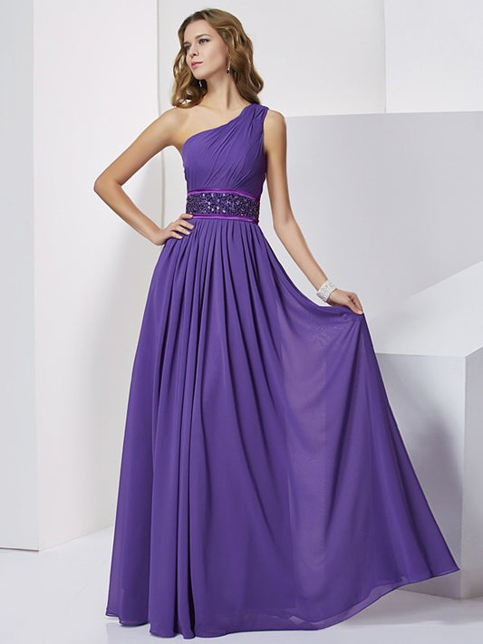 Sexy and elegant one shoulder sleeveless beaded long chiffon dress