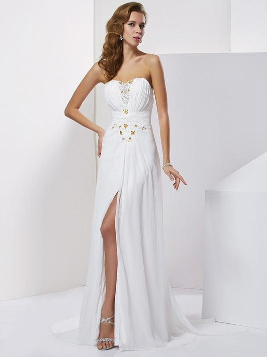 A-line Princess Sweet Decal Sleeveless Beaded Long Elegant Chiffon Dress