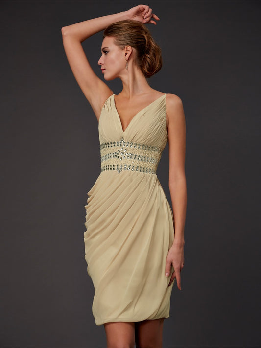 Skirt V-neck Sleeveless Beaded Short Chiffon Party Homecoming Dress