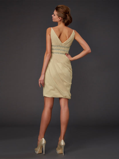 Skirt V-neck Sleeveless Beaded Short Chiffon Party Homecoming Dress