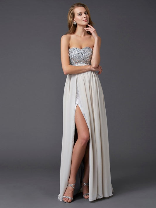 Elegant Princess Sweetheart Sleeveless Rhinestone Long Chiffon Dress
