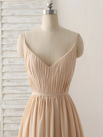 Champagne Long Prom Dresses V Neck Chiffon Bridesmaid Dress