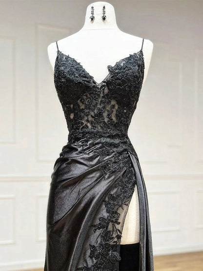 V Neck Satin Lace Black Long Evening Dress Black Evening Dress