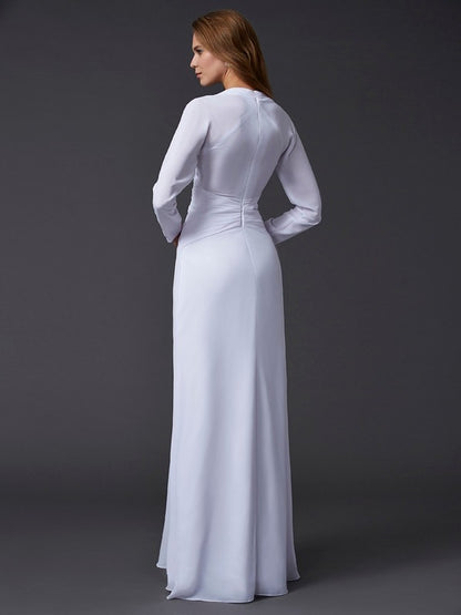 Sheath sexy V-neck long sleeved pleated long chiffon dress
