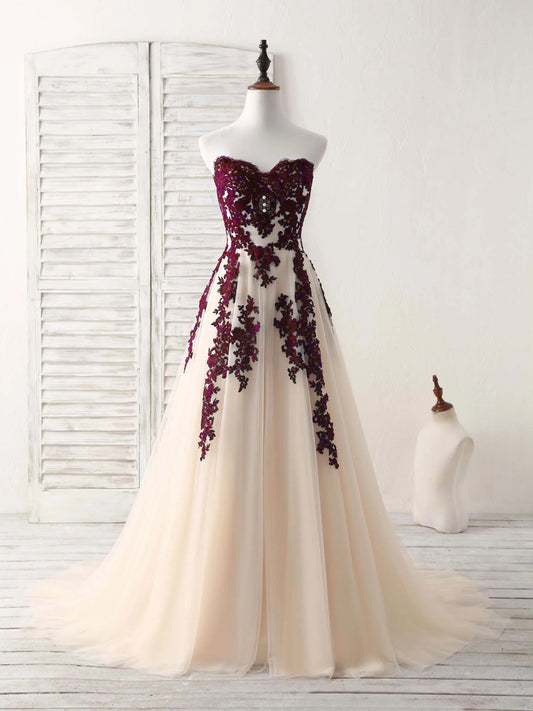 A-Line Sweetheart Tulle Lace Applique Burgundy Long Bridesmaid Dress