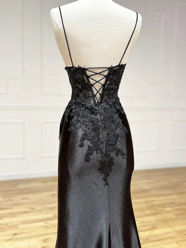 V Neck Satin Lace Black Long Evening Dress Black Evening Dress