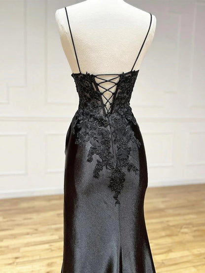 V Neck Satin Lace Black Long Evening Dress Black Evening Dress