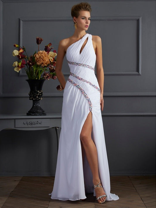 Column Sexy Elegant One Shoulder Sleeveless Beaded Long Chiffon Dress