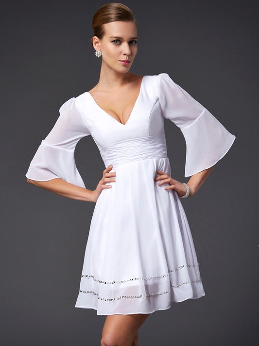 A-line Elegant Princess V-neck 1/2 Sleeve Beaded Short Chiffon Bridesmaid Dress