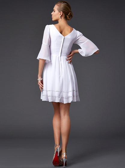 A-line Elegant Princess V-neck 1/2 Sleeve Beaded Short Chiffon Bridesmaid Dress
