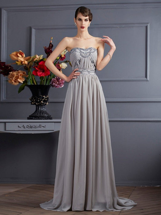 A-line elegant princess sweet sleeveless beaded pleated long chiffon dress