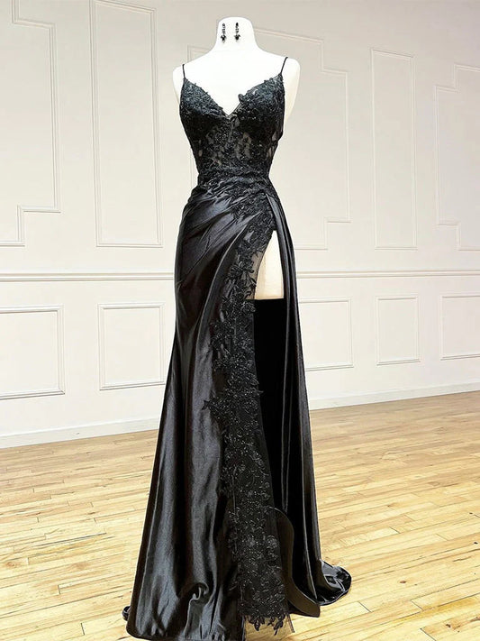 V Neck Satin Lace Black Long Evening Dress Black Evening Dress
