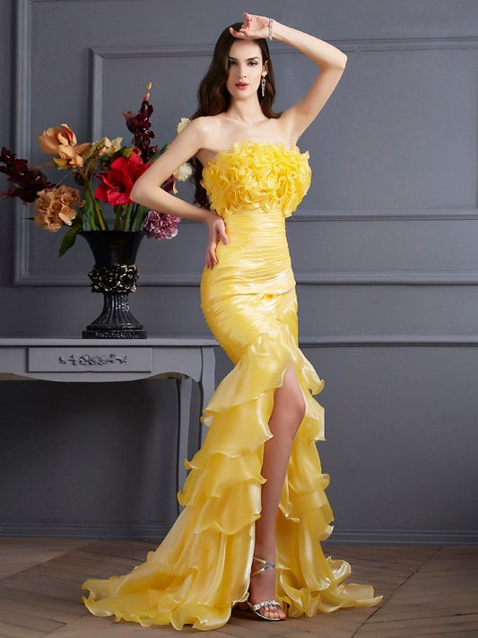 Slim fit sweet mermaid sleeveless ruffled edge long sheer dress