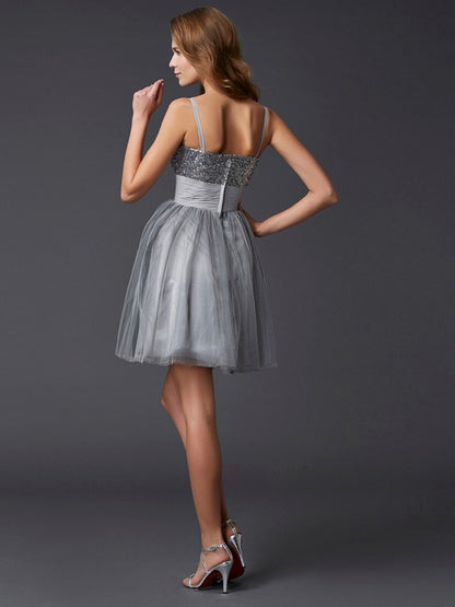 A-line princess shoulder strap sleeveless short organza back to school dress