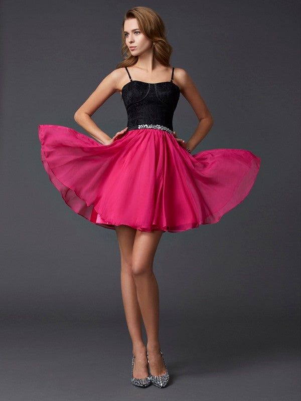 A-line Elegant Princess Style Fine Shoulder Strap Sleeveless Short Chiffon Party Dress
