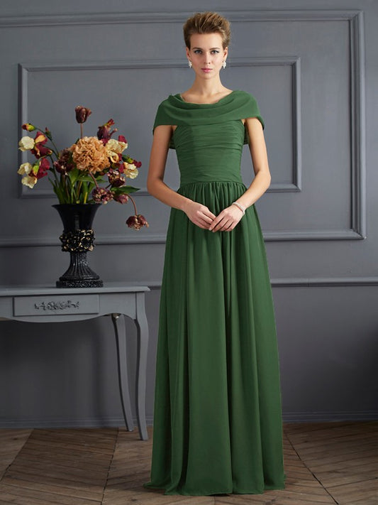 A-line princess skirt short sleeved pleated long chiffon bride dress