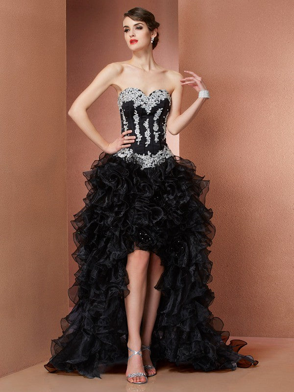 A-line Princess Applique Sleeveless Beaded High and Low Organza Dress