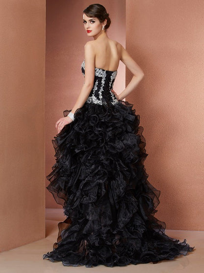 A-line Princess Applique Sleeveless Beaded High and Low Organza Dress